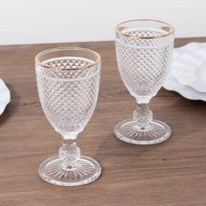 6-Pack Glass Wine Goblets 8oz Clear with Gold Rim and Embossed Diamond Pattern 6" - Vintage Short Stem Cocktail Glasses