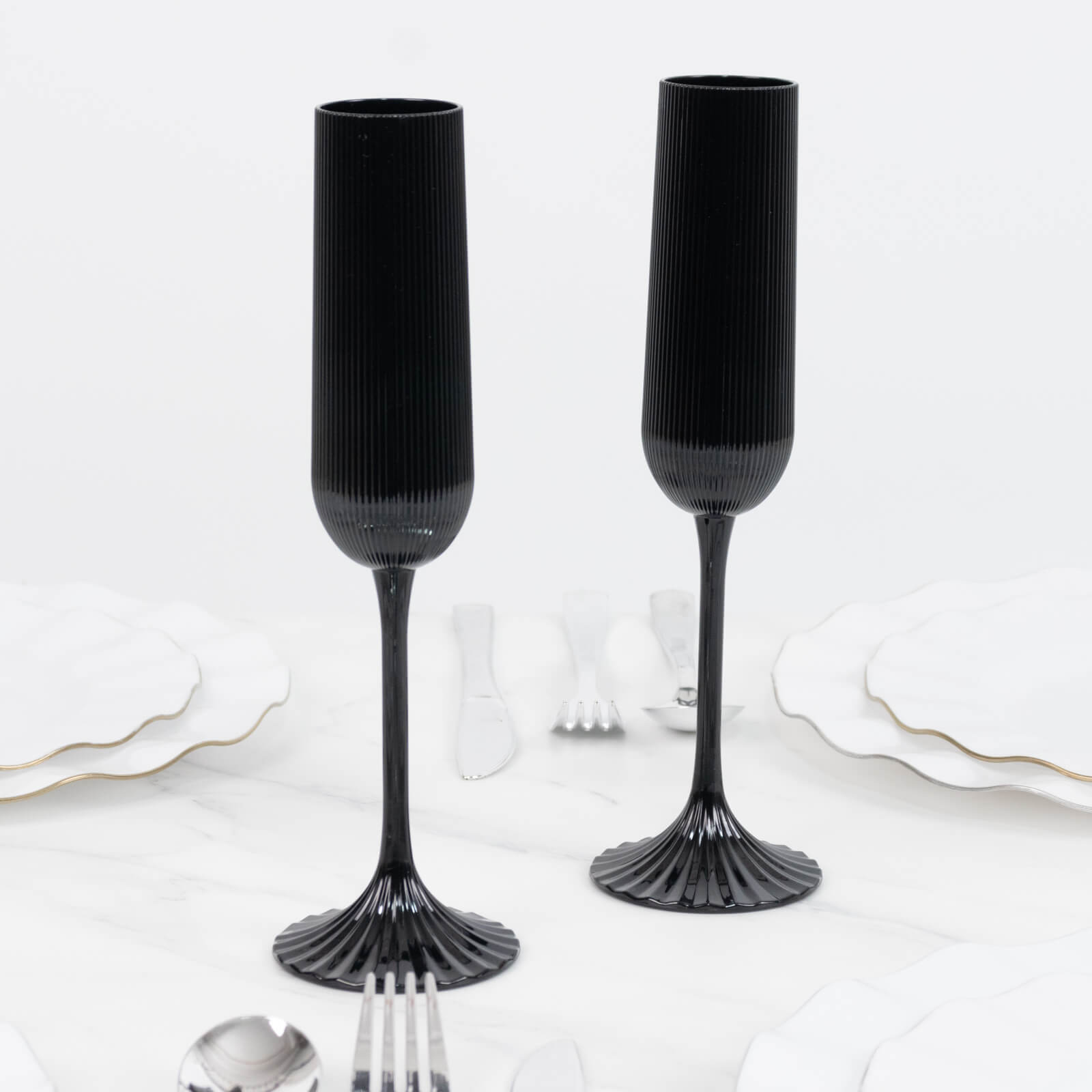 12 Pack Vintage Ribbed Champagne Flutes 4oz Black – Disposable Plastic Toasting Glasses